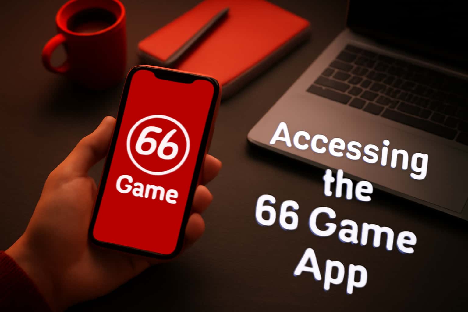 A scene depicting a user accessing the 66 Game app on a mobile device.